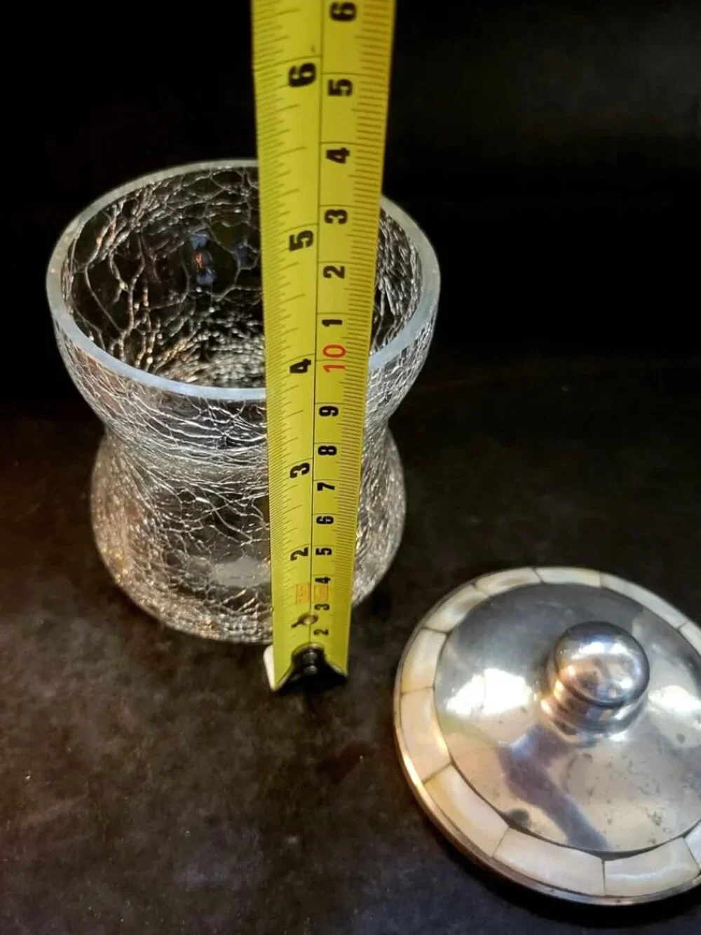 Vintage Vanity Crackle-Glass and a Pewter Lid Accented With Mother-of-Pearl